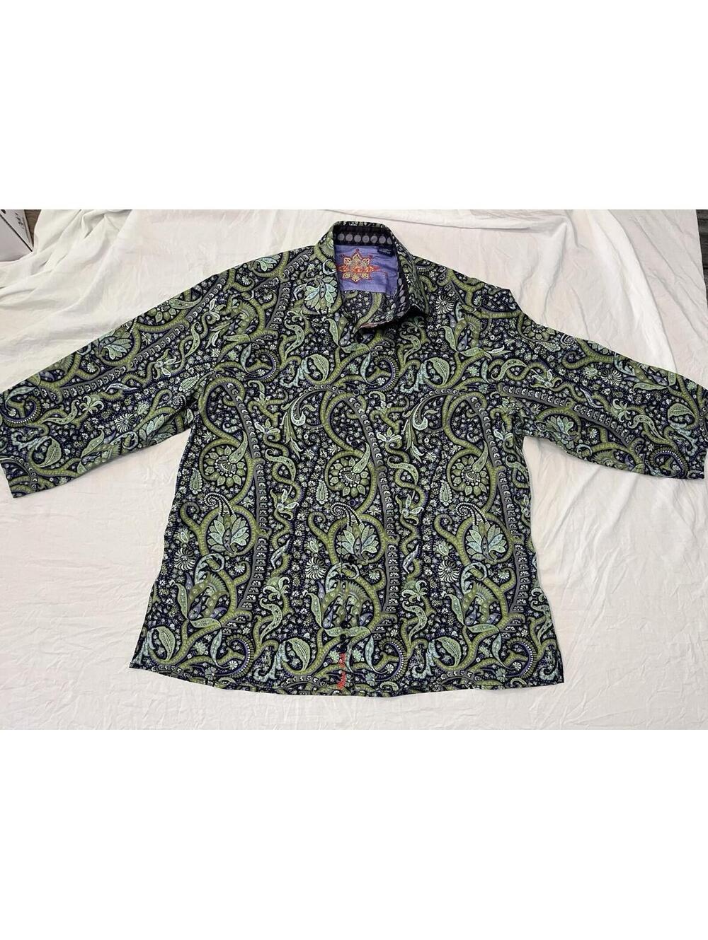 Robert Graham Shirt L Green Purple Floral Paisley 3/4 Sleeve